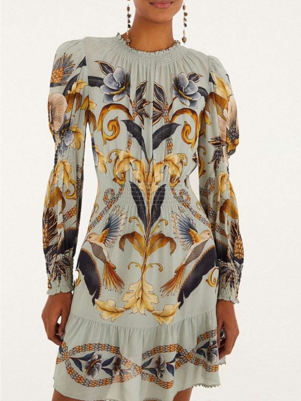 FARM Rio Sage Floral Baroque Long-Sleeve Mini Dress with Gold Accents